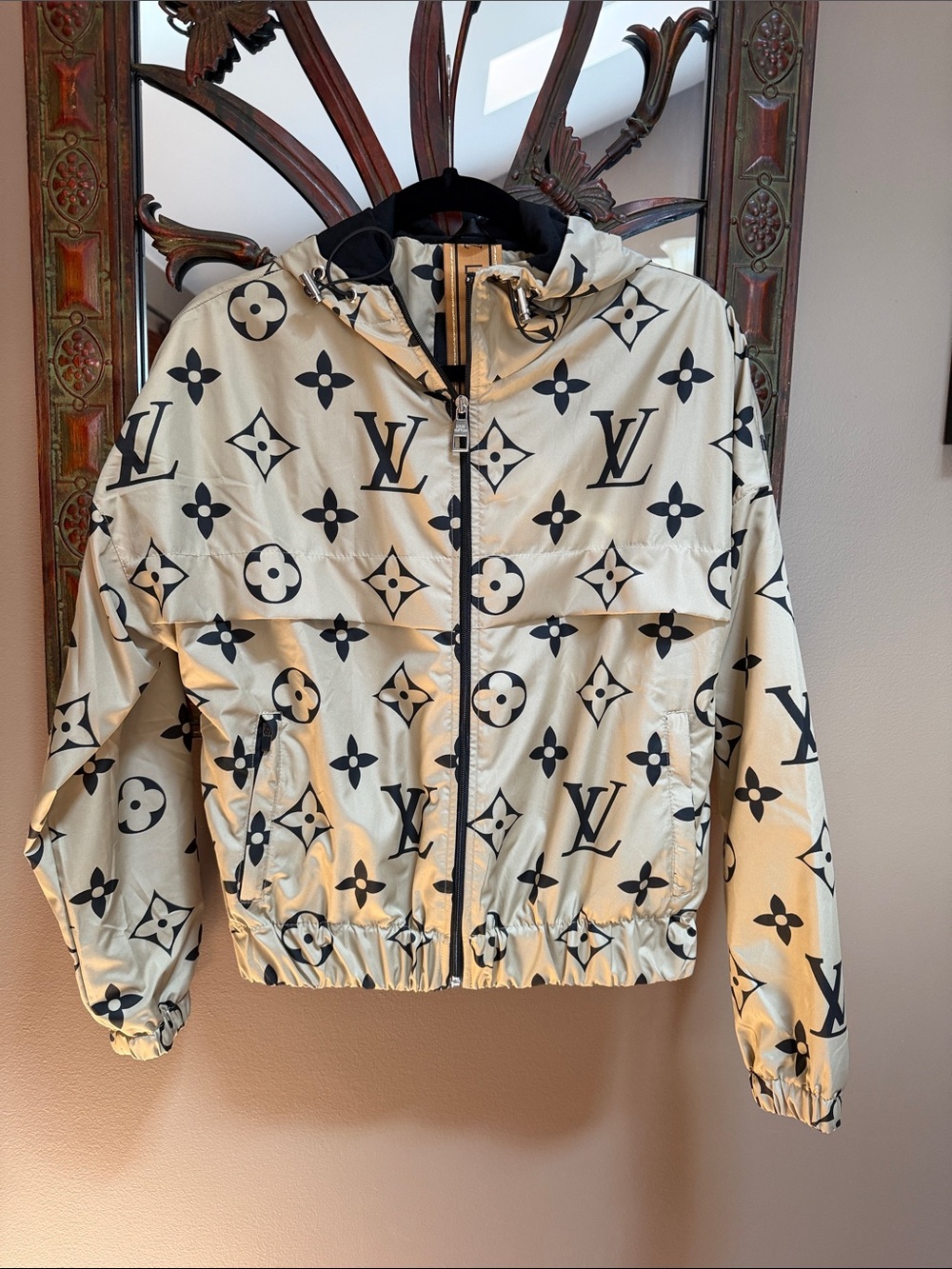 Luxury Fashion LV Cream Hooded Monogram Windbreaker with Black Print